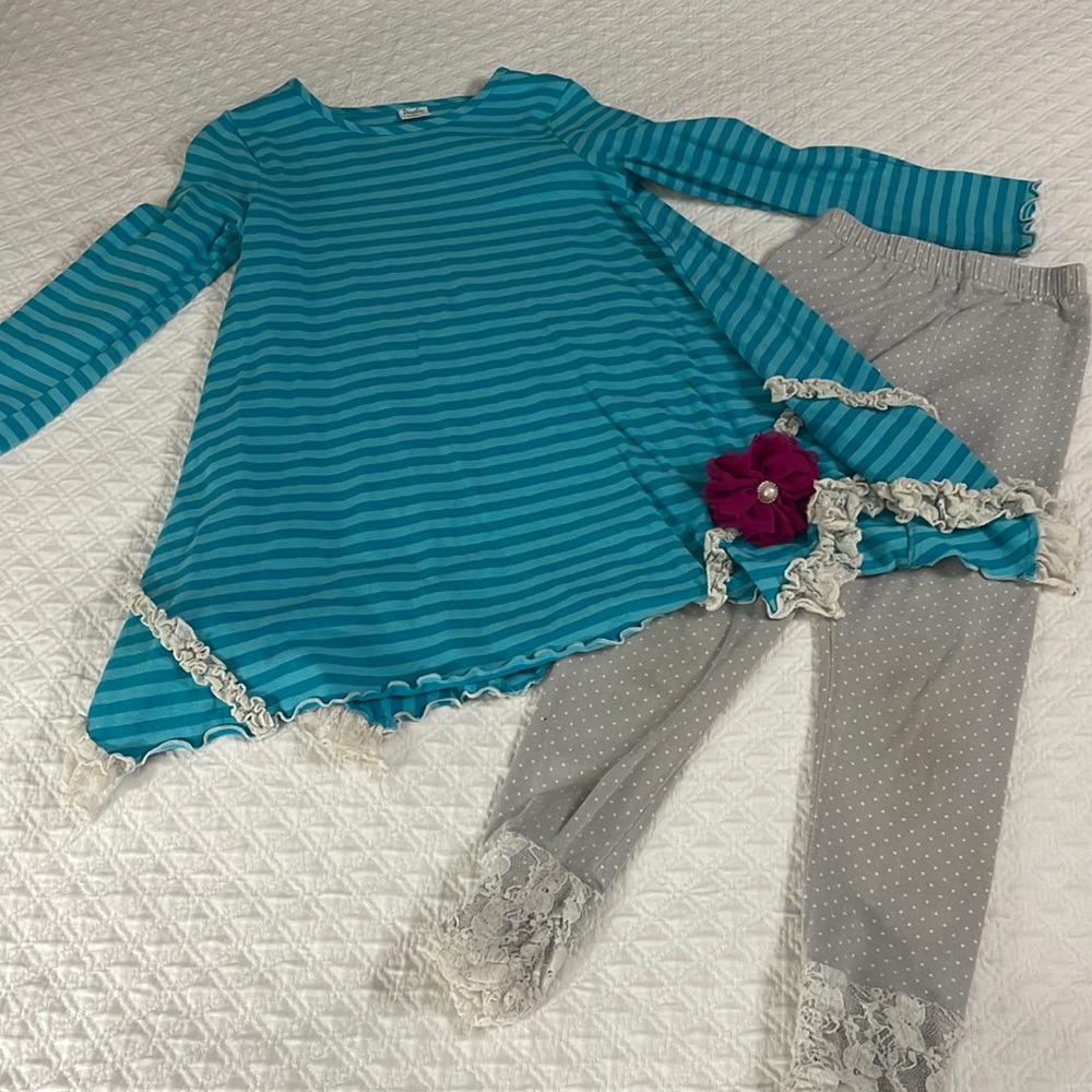 Peaches N Cream Girls Boutique 2 piece swing dress ruffle pants set sz 5 polka